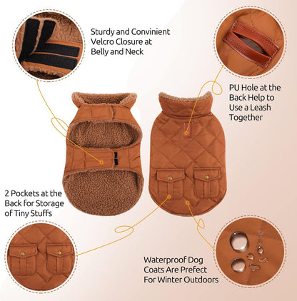 Queenmore Warm Puffer Dog Coat, Quilting Winter Jacket Ultra Thick Plush Lining with Storage Pockets (Brown, Small)