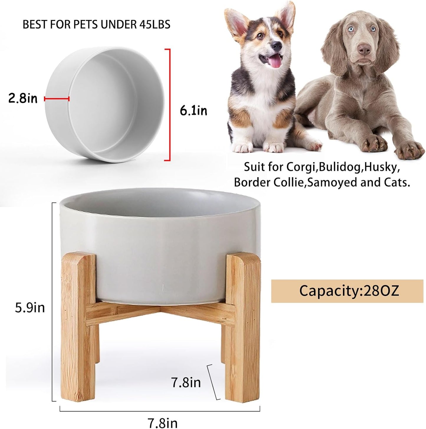 Petygooing 28 OZ Grey Elevated/Raised Ceramic Dog Bowl for Small and Medium Breeds, Dog Food Water Dish with Stand,Pet Feeding Bowl with Anti Slip Rubber for Cats Small and Medium Dogs (3.6 Cups)