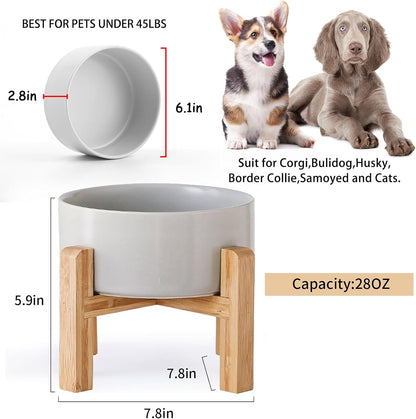 Petygooing 28 OZ Grey Elevated/Raised Ceramic Dog Bowl for Small and Medium Breeds, Dog Food Water Dish with Stand,Pet Feeding Bowl with Anti Slip Rubber for Cats Small and Medium Dogs (3.6 Cups)
