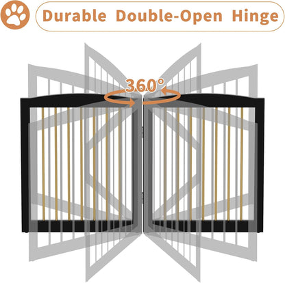 Freestanding Pet Gate for Dogs, Foldable Wooden Dog Gate for House, Indoor Dog Gate for Stairs, Doorways, Step Over Pet Puppy Safety Fence, 80 Inch Wide, 4 Panels 24", Black & Gold