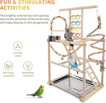 Bird Playground, Parrots Playstand for Small to Medium Birds, Perch Stand with 3 Ladders Playgym with Rope Perch, Swings Feeder Cups Bird Cage Accessories for Conure Cockatiel Lovebirds