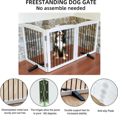 Foldable Wooden Freestanding Dog Gate - 32" H, 3 Panels, Stairs/Doorways, Support Feet Included, White