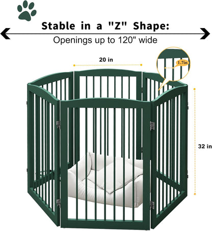 Freestanding Pet Gate for Dogs, Foldable Wooden Dog Gate for House, Extra Wide Indoor Pet Barrier for Stair, Doorway, Hall, Support Feet Included, 120 Inch Wide, 6 Panels 24",Green