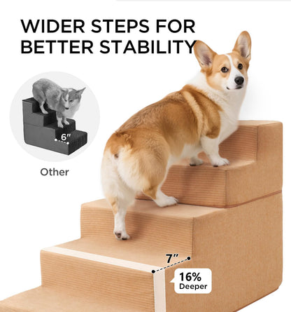 Made4Pets Dog Steps for Bed, Extra Wide Dog Stairs for High Bed Couch Sofa, 35D Foam Pet Steps for Small Dogs and Cats, Non-Slip Bottom Pet Stairs, Tan, 4 Steps