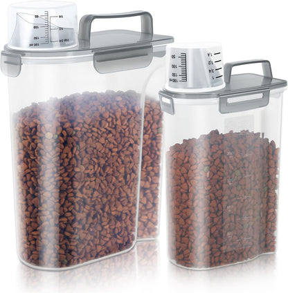 Cat Dog Food Storage Container, Upgraded Large Nozzle BPA-free, 3&5lbs Plastic Pet Food Storage Containers, With 4 Sealed Clasps, 1 Measuring Cup and Handle, Easy to Clean and Carry -Clear Grey 2Pack