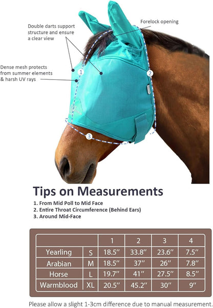 Harrison Howard UV-proof Multi-Function Fabrics Thick Fleece Padding Horse Fly Mask Half Face with Ears Mint Arabian Medium