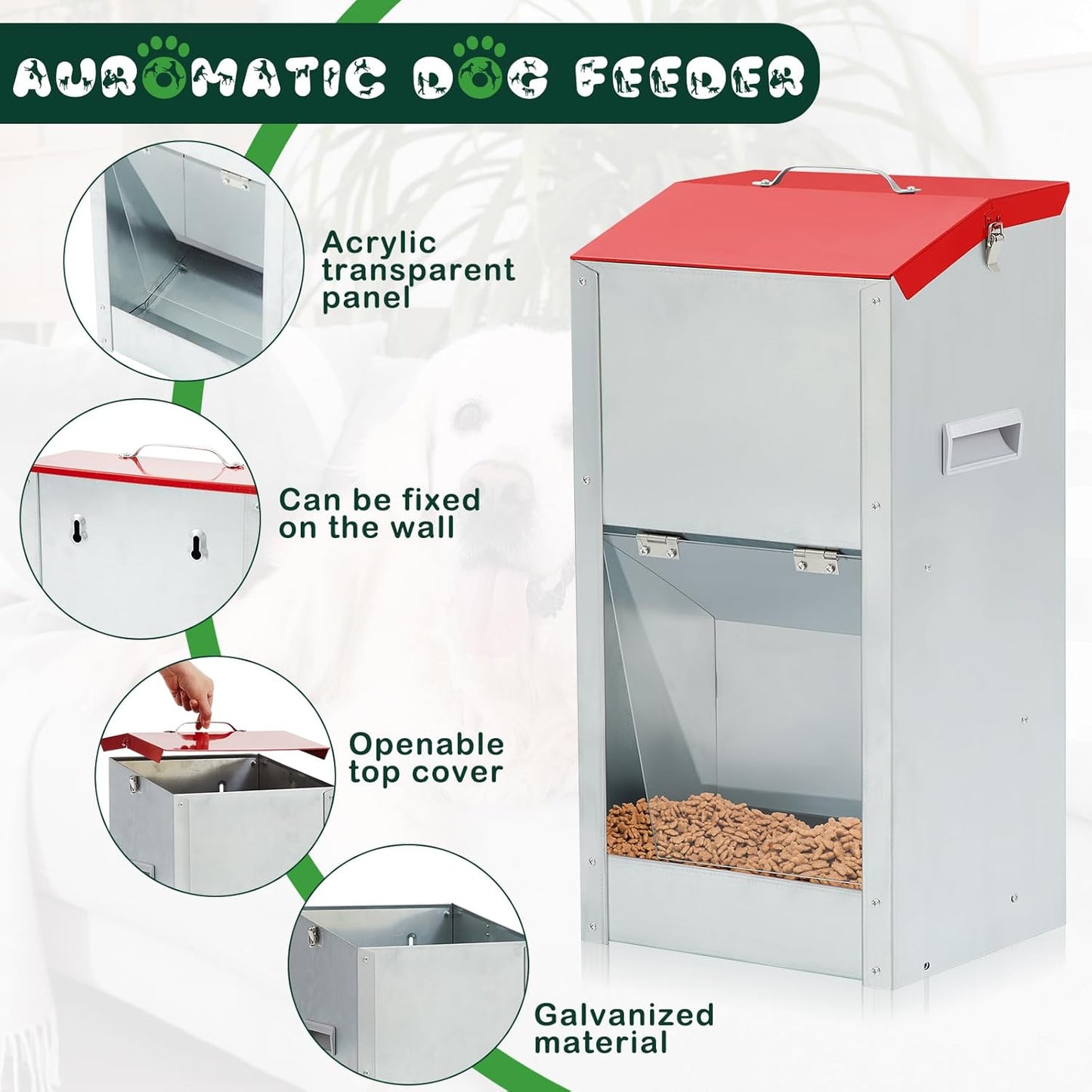 2 Pcs 25 Lbs Large Automatic Dog Feeders with Handle Acrylic Panel Galvanized Gravity Feeder Outdoor Hanging for Doggie Breed Dog Food Dispenser Container(Red)