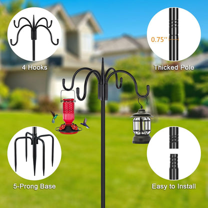 FEED GARDEN 76 Inch Four Shepherd Hooks for Outdoor,Bird Feeder Pole with 5 Prong Base, Adjustable Shepard Hooks for Hanging Plant, Solar Lanterns, Wind Chimes, 2 Pack