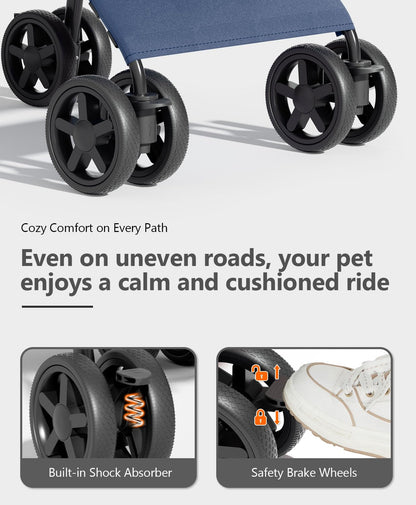 Pet Stroller with 4 Wheels for Small/Medium Pets, Portable Travel Foldable Carrier Jogger for Dog Cat Puppy Kitty, Rear Wheel Breaks, Storage Basket, Visible Mesh Weather Cover (Navy Blue)