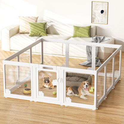 Acrylic Clear Dog Play Pen Indoors, Puppy Playpen with Door for Small Dogs Puppies, Transparent Plastic Pet Playpen Cage Fence Crate Kennel for Cat Kitten Rabbit Bunny Ferret etc (White-12 Panels)