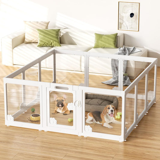 Acrylic Clear Dog Play Pen Indoors, Puppy Playpen with Door for Small Dogs Puppies, Transparent Plastic Pet Playpen Cage Fence Crate Kennel for Cat Kitten Rabbit Bunny Ferret etc (White-12 Panels)