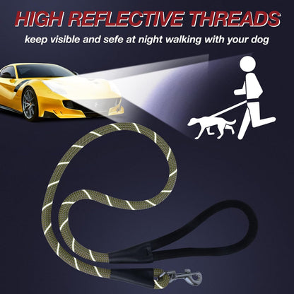 Green 4FT Dog Leash for Large Dogs Night Walking Reflective Heavy Duty Chew-Resistant Nylon Leash with Padded Handle and 360° Swivel Clip Strong for Medium to Large Breeds