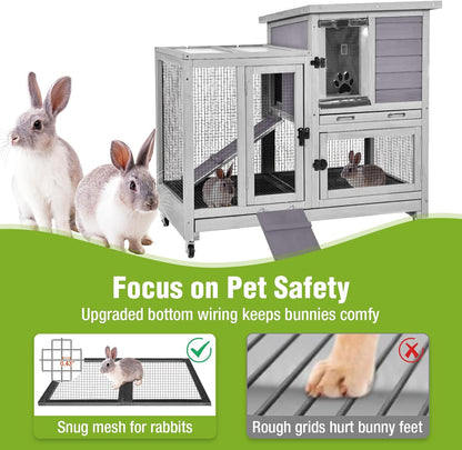 GUTINNEEN 2-Story Rabbit Hutch Indoor with Chew-Proof Ramp & Slide-Out Plastic Trays - Wooden Small Animal Cage Guinea Pig Cages with Wheels for 2-4 Rabbits, Bunnies, and Guinea Pigs (Grey)