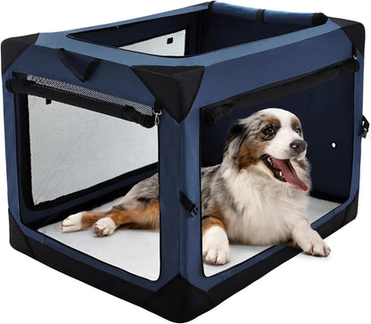 36 Inch Collapsible Crate for Large Dogs, 4-Door Foldable Soft Kennel with Chew Proof Mesh Windows for Indoor & Outdoor Travel,Navy Blue
