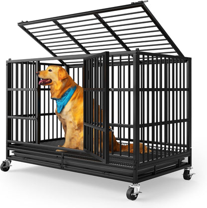 LEVELEVE 48 Inch Heavy Duty Indestructible Dog Crates for Large Dogs，Escape Proof Dog Cage Large Dogs with Lockable Wheels，Dog Kennel Furniture Indoor&Outside