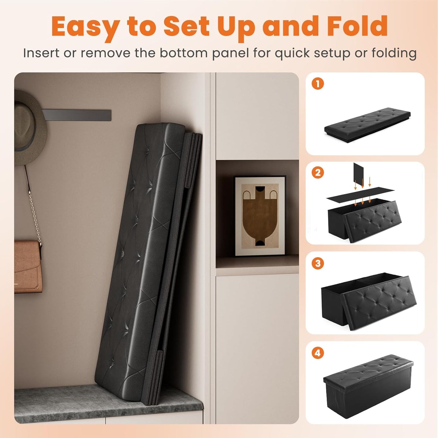 Sweetcrispy 43 Inches Folding Ottoman with Storage Bench, Foot Rest Stool, End of Bed Storage Bench Upholstered, Load 660 lbs, for Living Room, Lychee Grain Leather, Black