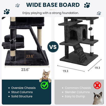 SHA CERLIN 65in Larger Cat Tree Tower Condo for Indoor Kitties/Multi-Level Furniture Activity Center with Wide Base/Cozy Plush Cat Perches/Baskets/Sisal Scratching Posts and Hammock/Dark Grey
