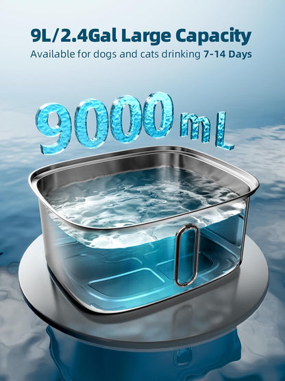 Dog Water Fountain for Large Dogs, 9L/2.4Gal Stainless Steel Dog Fountain with Water Level Window & Filtration, Automatic Pet Water Bowl Dispenser Indoor, Super Quiet (with 6 Filters)
