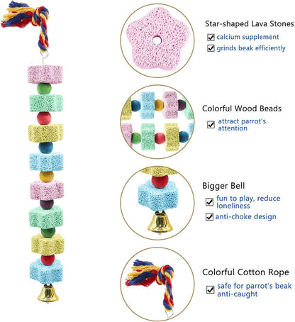 2 Pack Bird Chewing Toy, Colorful Parrot Beak Grinding Calcium Stone with Bells, Cage Accessories for Cockatiels Parakeets Parrots Budgies Lovebirds Rat Hamster Chinchilla Rabbit Bunny African Grey