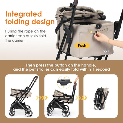 X2 Pet Stroller, Dog Cat Stroller for Small Pets Under 44lbs, Equipped with Detachable & Foldable Carrier, Waterproof Pad & Sunshade Canopy,Camel (Camel)