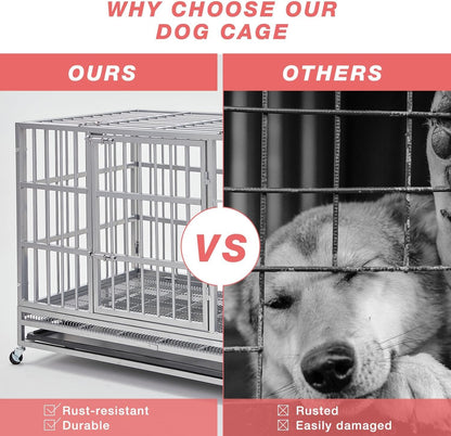 Heavy Duty Indestructible XL Dog Crate Steel Escape Proof, Indoor Double Door High Anxiety Cage (48-Inch-Silver)