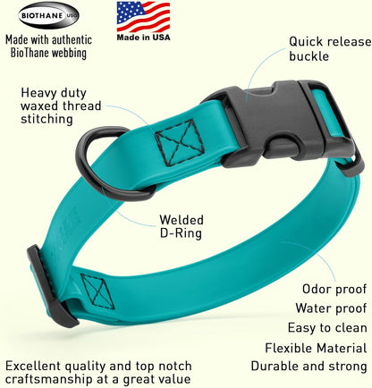 Dogline Biothane Waterproof Dog Collar with Quick Release Buckle Strong Coated Nylon Webbing with Odor- Proof for Easy Care Easy to Clean Fits Small Medium or Large Dogs, Teal 3/4" W 12-19" L