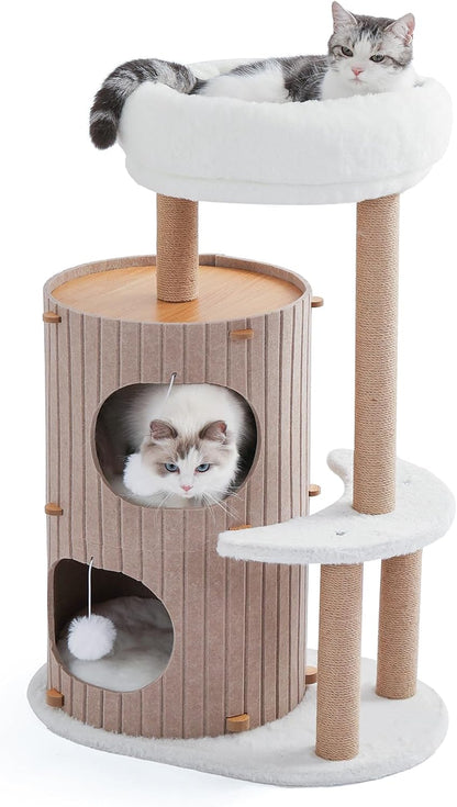 Cat Tree Tower with 2-Storey Large Felt Cat Bed Cave, Cozy Cats Tunnel Condo with Washable Cushions, 36.6"