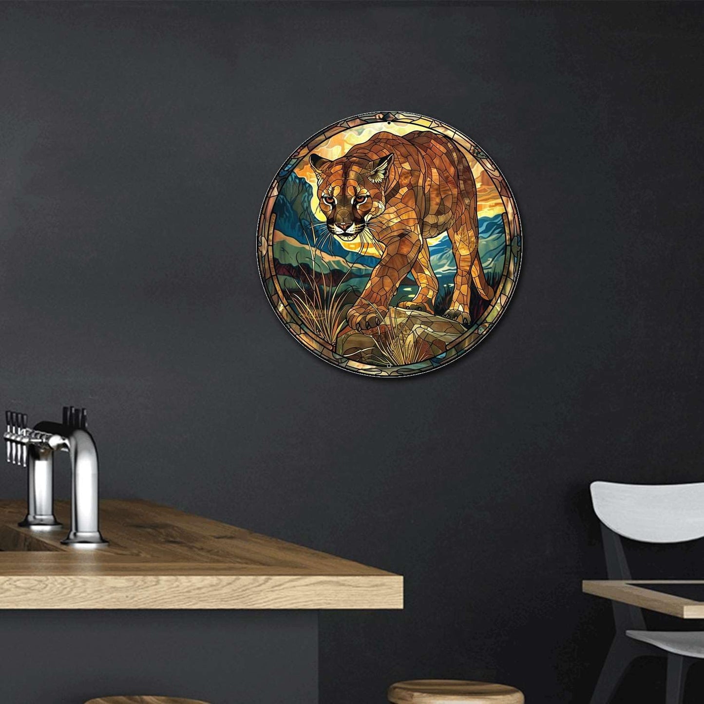 Lygond Metal Sign Tin Sign Circular Stained Glass Mountain Lion Gardening Sign for Garden 8×8 Inches