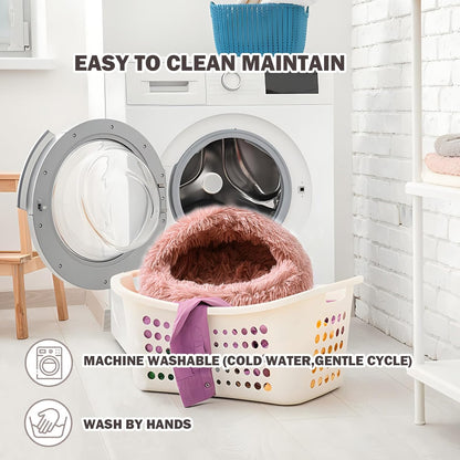 Cat Bed for Indoor Cats, Calming Cozy Cave with Self-Warming Plush, Entire Bed Machine Washable & Anti-Slip Base, Breathable Pet Bed for Small Cats&Dogs All Seasons (Leather Pink, 24 * 24inch)