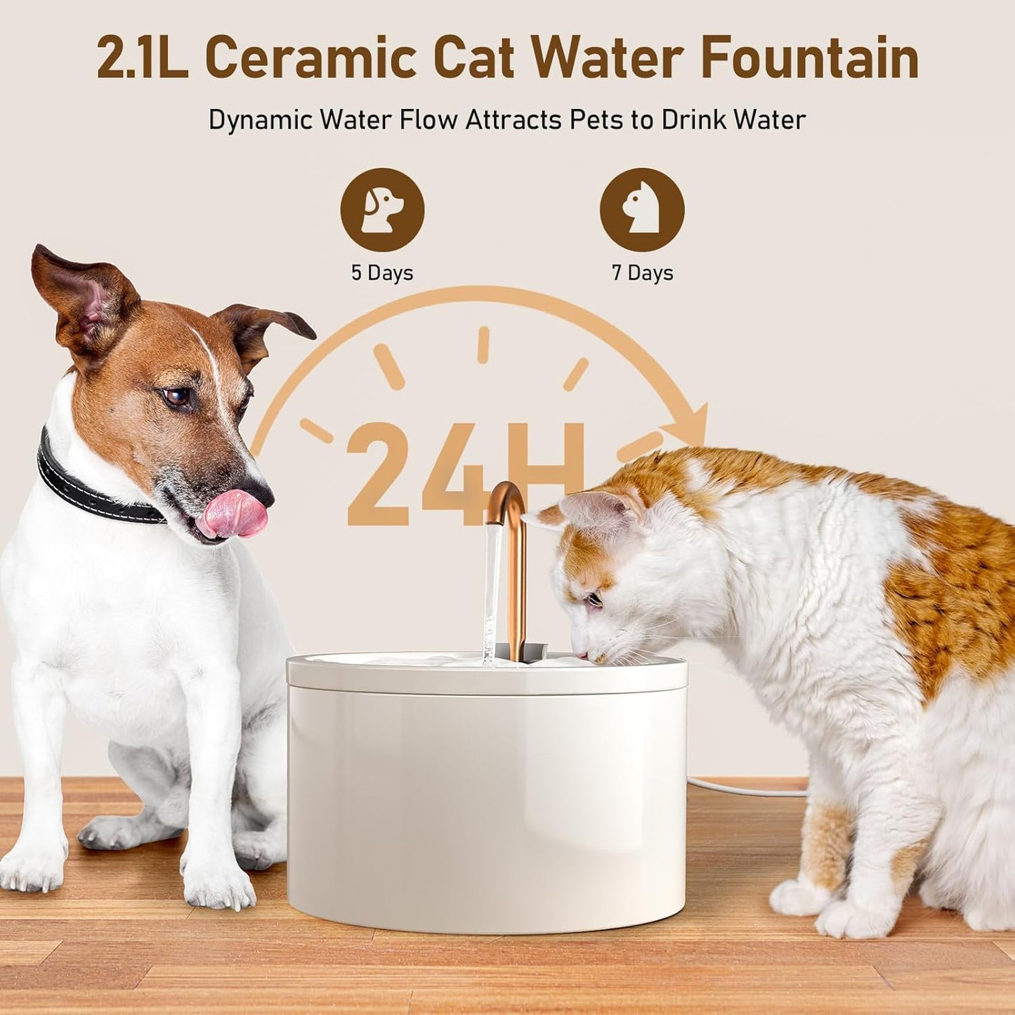 DOOOB Ceramic Cat Water Fountain, 2.1L/71oz Ceramic Cat Fountain, Automatic Ceramic Water Fountain for Cats, Pet Water Fountain with Ultra-Quiet Pump and 3 Filters & 3 Sponges (White)