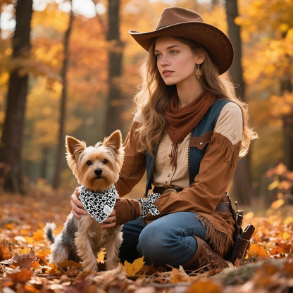E-Clover Cow Print Dog Bandanas & Matching Scrunchie Set Fall Cowboys Theme Dog Scarf Bibs Pet Bandana with Bow Tie for Small Dogs Puppy Owner Mom Black White