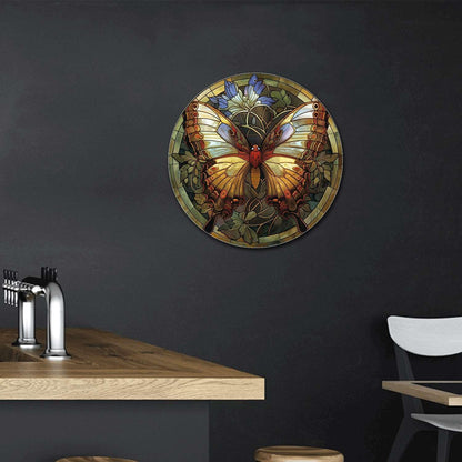Lygond Metal Sign Tin Sign Circular Stained Glass Butterfly Funny Bathroom Wall Decor for Patio 8×8 Inches
