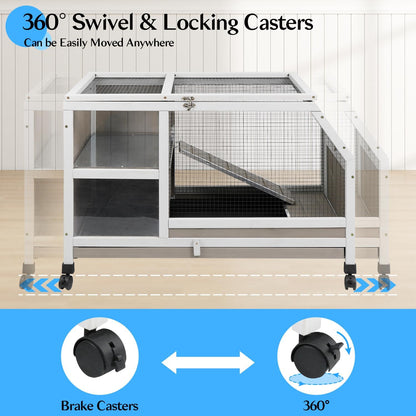 36''L Rabbit Hutch Outdoor with Casters and Run, Wooden Indoor 2 Story Guinea Pig Cage with Divider Panel, Pull Out Tray, Rabbit Duck Bunny House for Small to Medium Animals and Pet Lover, Gray