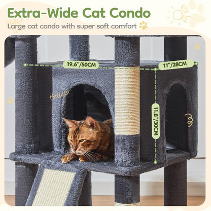 Taoqimiao 72 Inches Cat Tree for Large Cats, Multi-Level Tall Cat Tower, Widened Cat Condo with Large Scratch Board, 5 Scratching Posts, Metal Hammcock, Cozy Basket, Smoky Gray, MS045G