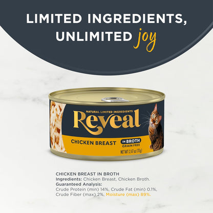 Reveal Natural Wet Cat Food in Broth, Limited Ingredient Grain Free Canned Cat Food, Protein with No Artificial Additives, Chicken Breast in Broth (24 x 2.47 oz Cans)