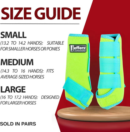 Jeffers Equine Neon Horse Boots – 1 Pair – Lime and Turquoise – Large Size – Breathable Neoprene, Secure Strap Closures – Durable Protection for Front & Hind Legs, Training, Trail & Riding Use