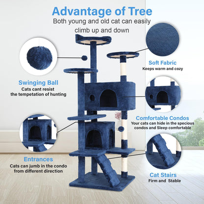 FDW Cat Tree 54in Cat Tower Multi-Level Durable Cat Scratching Post & Cozy Fun Cat Jumping Platform Space Saving Cat Condo Pet Play House for Indoor Cats,Navy Blue
