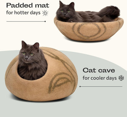 MEOWFIA Cat Cave – Premium Felt Cat Bed for Indoor Cats, Handmade 100% Merino Wool (Beige, Medium)