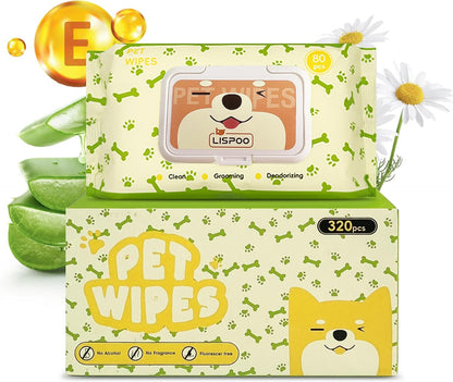 Pet Wipes -Cleaning and Grooming for All Pets, Alcohol-Free Portable Pack, Gentle for Face, Body, Paws and Butt-Thick Nonwoven Fabric-320 Count