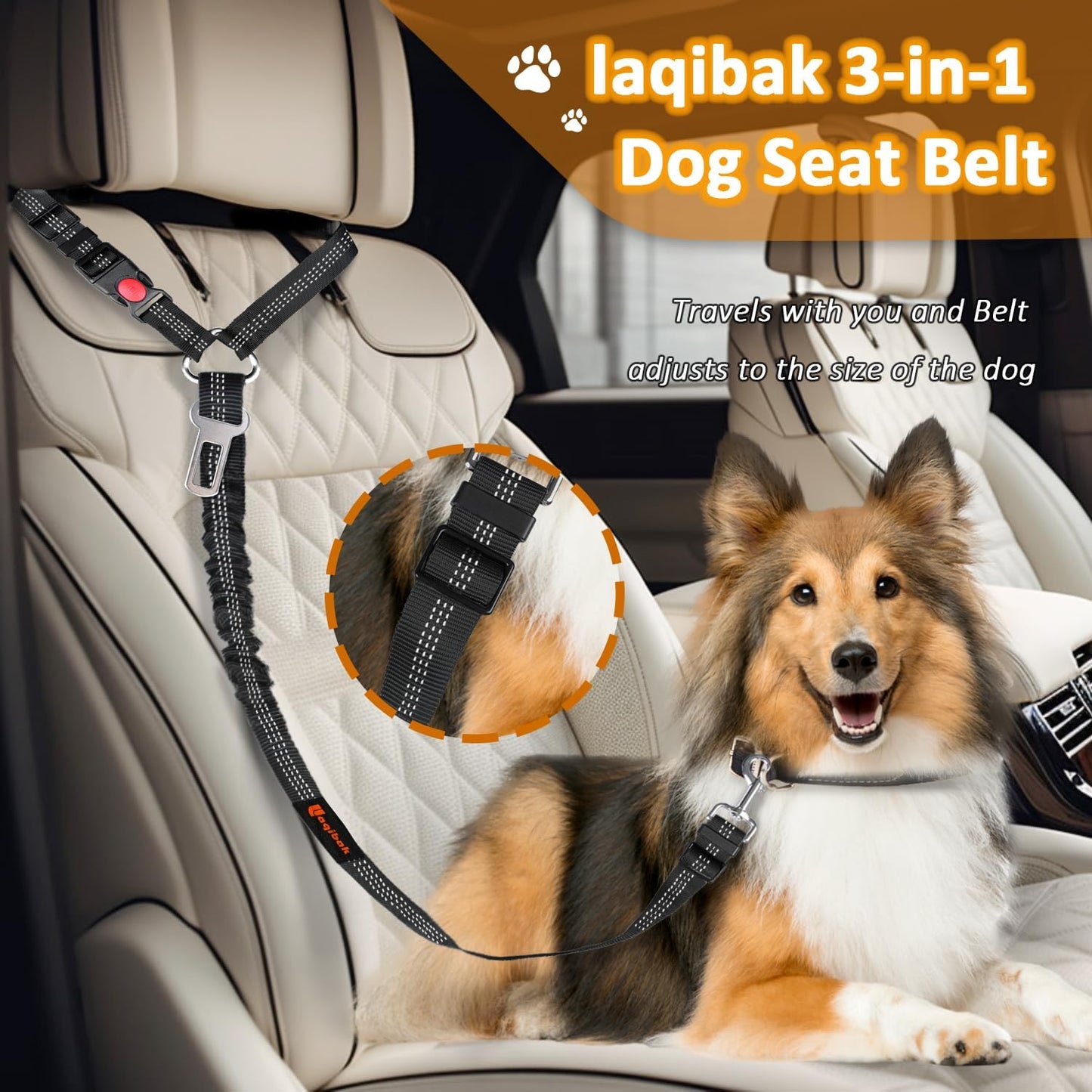 Removable Dog Seat Belt Harness for Car, 3 in 1 Pet Dog Car Seatbelt Leash, Retractable Restraint Secures to Vehicle Headrest & Adjustable Reflective Bungee Dog Seatbelt Tether, Black
