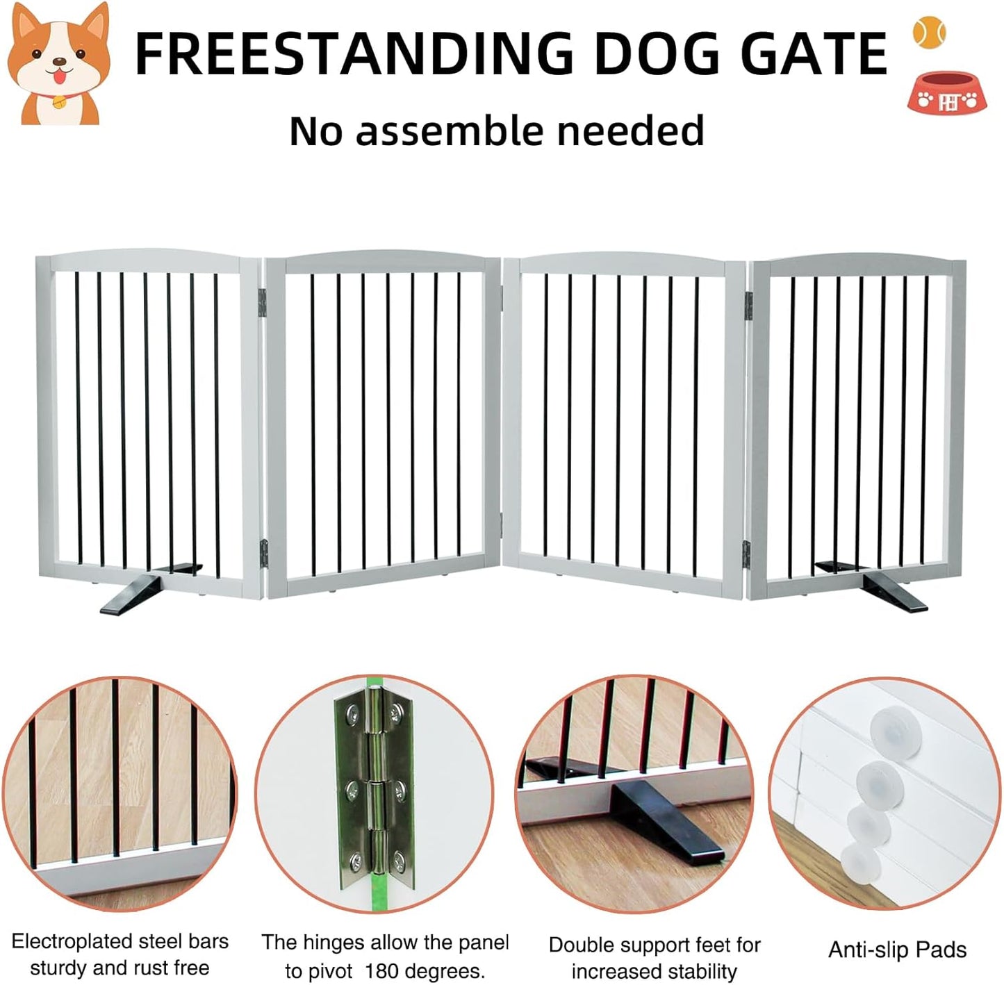 ZJSF Freestanding Panel Gate for Indoor Doorways, Stairs, or Hallways - Foldable White Wooden Dog Gates - Support Feet Included - 32" Height - 4 Panels
