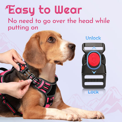 Eagloo Dog Harness for Large Dogs, Easy Wearing with 3 Buckles, Adjustable No Pull Pet Harness with 2 Rings for Walking, No Chock Reflective Soft Padded Vest with Control Handle, Pink & Black, L