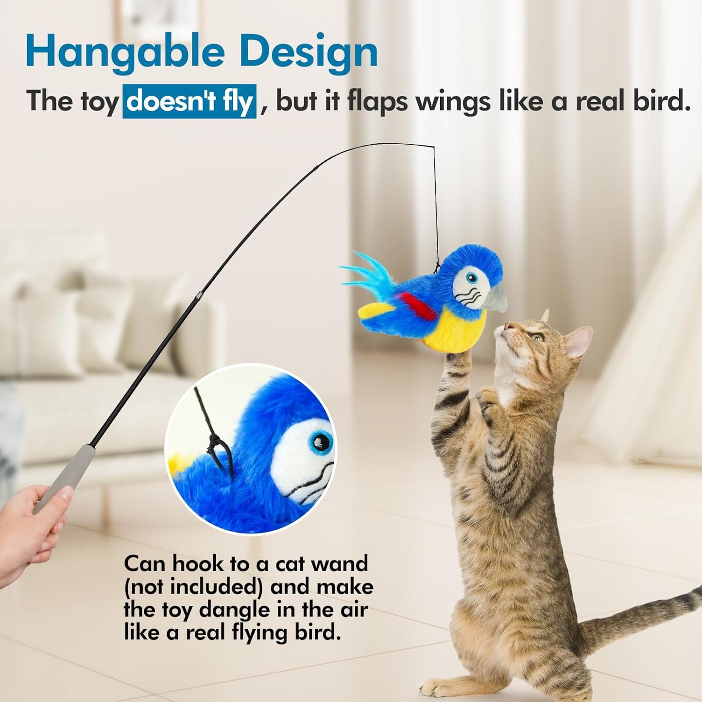 Vannon Cat Toys Flapping Bird(Cannot Fly), Rechargeable Touch Activated Kitten Toy Interactive Cat Exercise Toys with Catnip and Feather for Indoor Cat - Bule