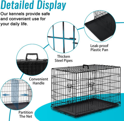 FDW Dog Crate for Small Dogs 24 Inch Folding Metal WirePet Cage Double Door W/Divider Panel Indoor Outdoor Kennel Leak-Proof Plastic Tray,Black