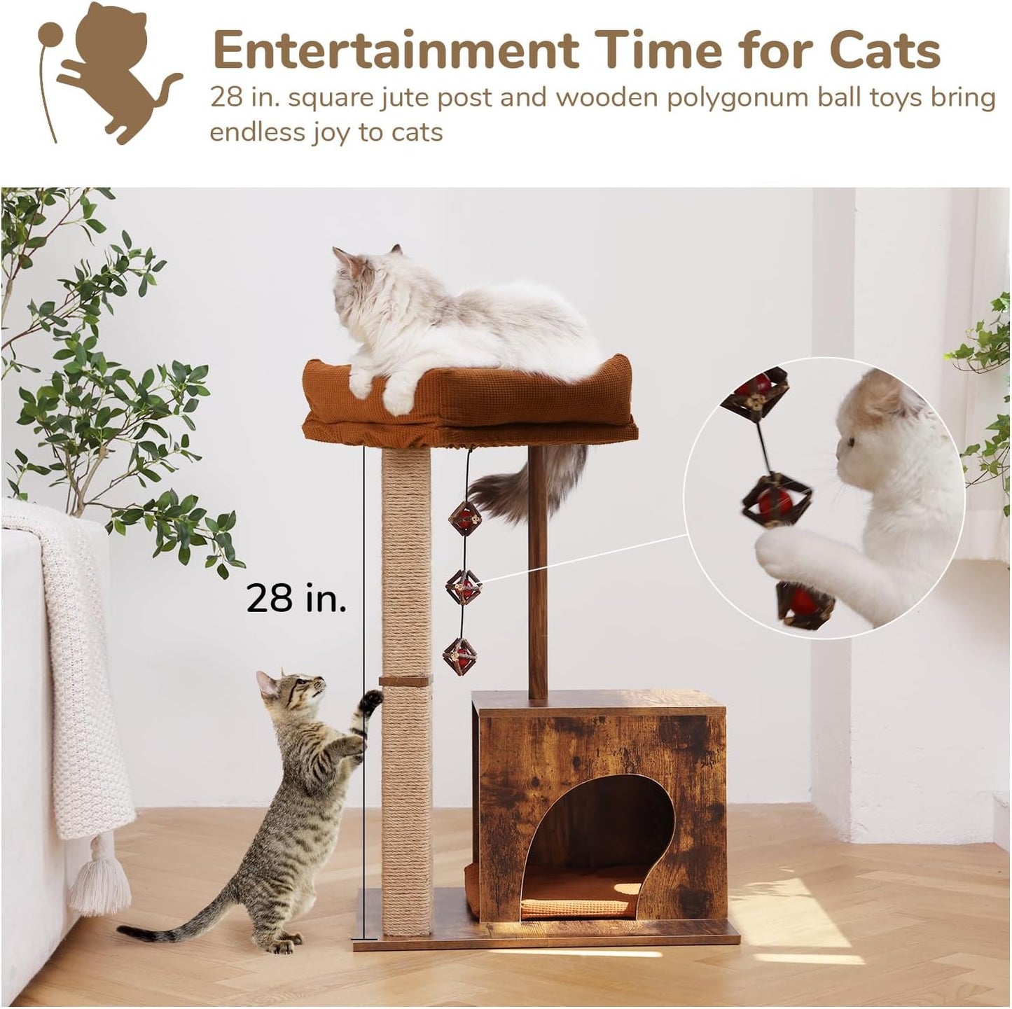 FUKUMARU Cat Scratching Post, Modern Style Cat Tree with Unique Square Post, Wooden Cat Tower with silvervine Balls, Retro Cat Condo Scratcher for Indoor Cats（Solid Wood）