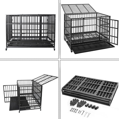 Oranland 48/38 Inch Heavy Duty Indestructible Dog Crate Cage Kennel with Wheels, High Anxiety Dog Kennel, Sturdy Locks, Double Door and Removable Tray Design, Extra Large XL Dog Crate.