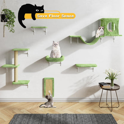 NUNU LAB Wall Mounted Cat Furniture, 6 Pcs Cat Wall Shelves with Condo House, Bridge, Steps, Scratcher, Hammock, Indoor Safe & Stable Furniture for Kittens Play, Green