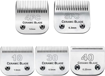5PCS 10 Blades Dog Grooming Replacement Blades Compatible with Andis Pet Clipper/Oster A5/Wahl KM Series Dog Clipper,Ceramic Blade & Stainless Steel Blade, Size ：#10+30+40+5FC+4FC
