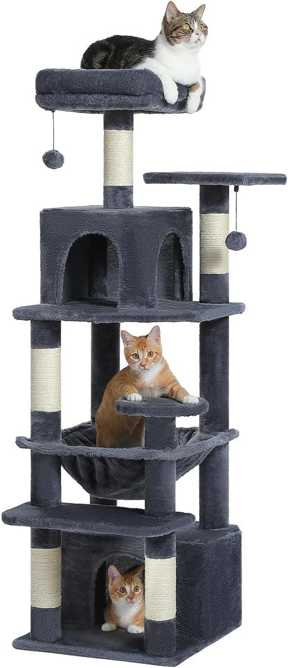 PAWZ Road Cat Tree, 53.5 Inches Tall Cat Tower with Spacious Hammocks, Condos and Scratching Posts, Cat House with Dual Padded Perches for Indoor Large Cats-Dark Gray