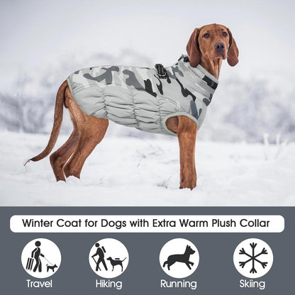 FUAMEY Dog Coat for Large Dogs,Waterproof Dog Winter Jacket with Harness Built in Puppy Cold Weather Coats Reflective Pet Vest with Zipper Warm Fleece Dogs Snowsuit Windproof Grey Camo L